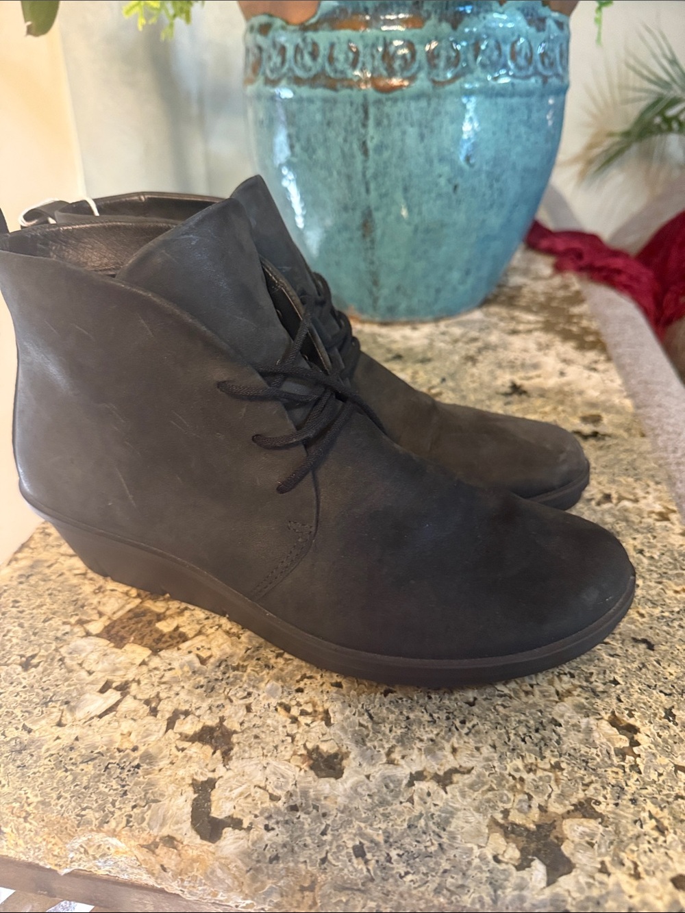 Ecco Black Lace-Up Wedge Ankle Booties